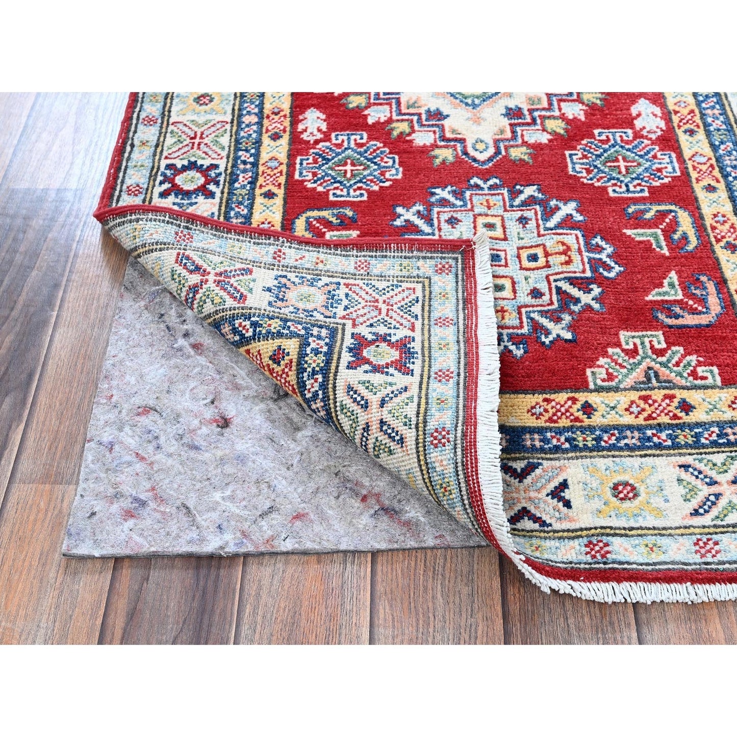 2'7"X6'7" Red Kazak With Geometric Design Soft Wool Hand Knotted Runner Rug
