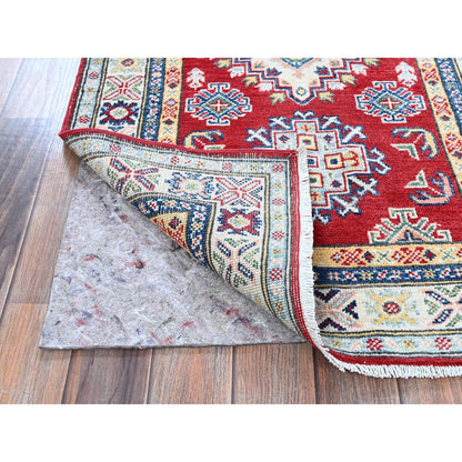 2'7"X6'7" Red Kazak With Geometric Design Soft Wool Hand Knotted Runner Rug