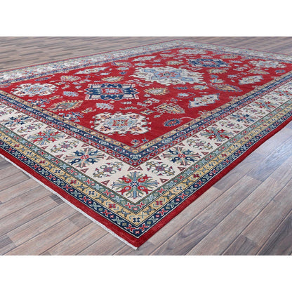9'9"X14' Red Kazak With Tribal Medallions Design Hand Knotted Soft Wool Rug