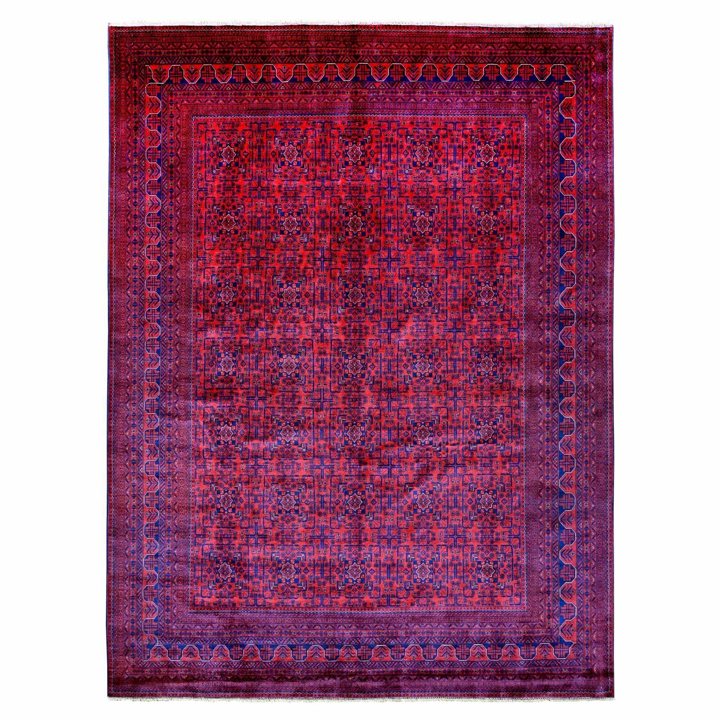 9'9"X13' Deep Red Afghan Khamyab Star Design Hand Knotted 100% Wool Rug