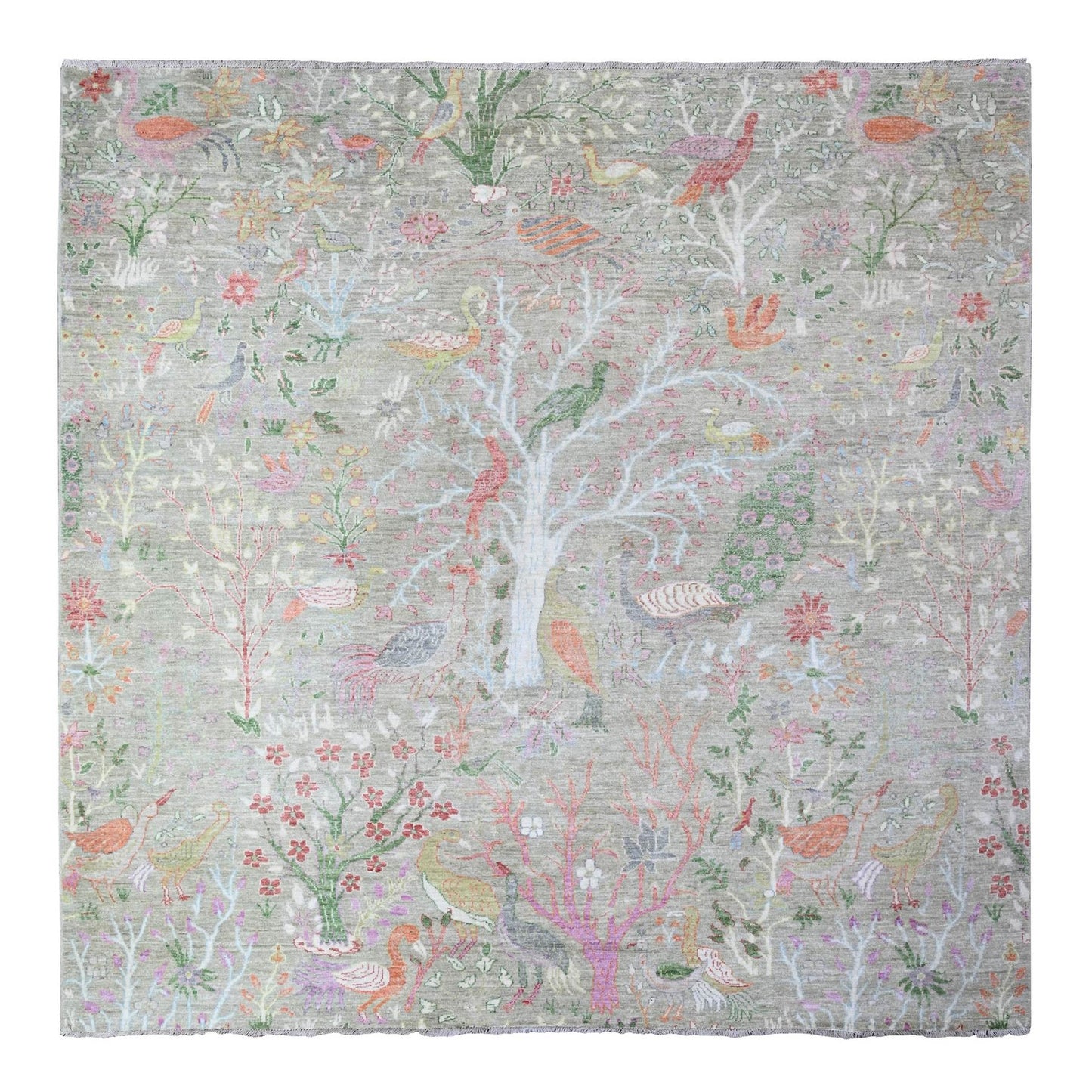 8'X8' Gin Green Soft Wool Afghan Peshawar Hand Knotted Square Rug