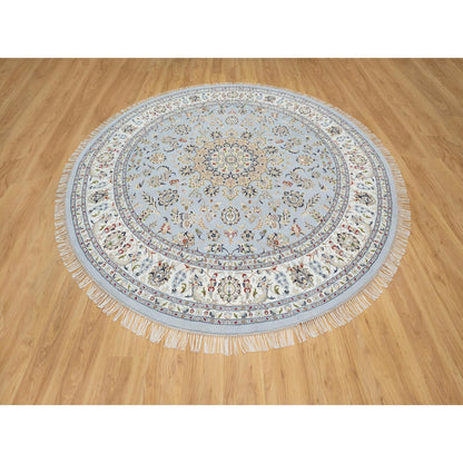 9'X9' Beau Blue Hand Knotted Nain Design 250 Kpsi 100% Wool Round Rug