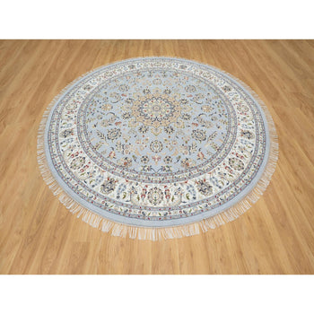 9'X9' Beau Blue Hand Knotted Nain Design 250 Kpsi 100% Wool Round Rug