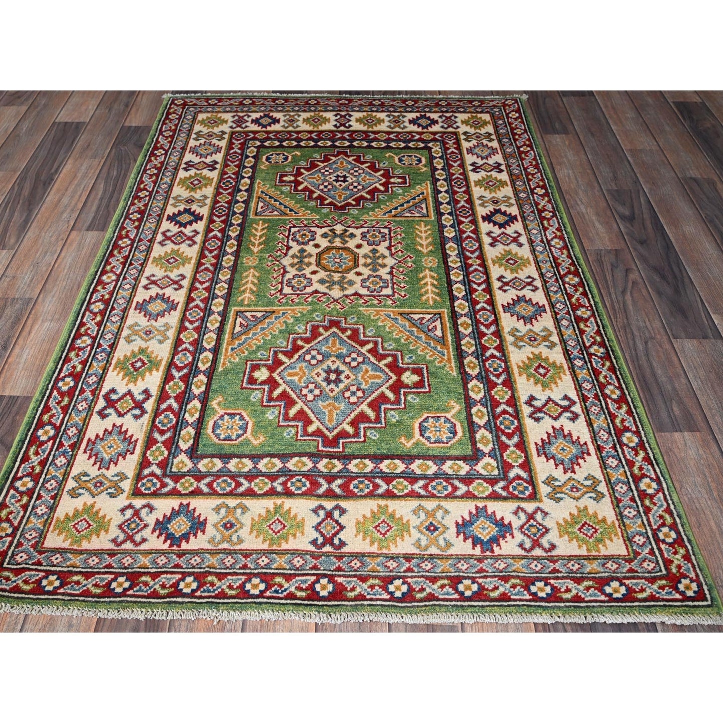3'4"X5' Swamp Green Kazak With Geometric Design Hand Knotted Pure Wool Rug