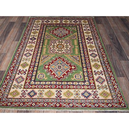 3'4"X5' Swamp Green Kazak With Geometric Design Hand Knotted Pure Wool Rug