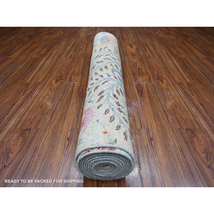 4'1"X16' Tint Gray Birds Of Paradise Peshawar Hand Knotted Oriental Rug