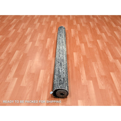 6'1"X6'1" Black Wool/Silk Hand Knotted Striae Design Square Oriental Rug