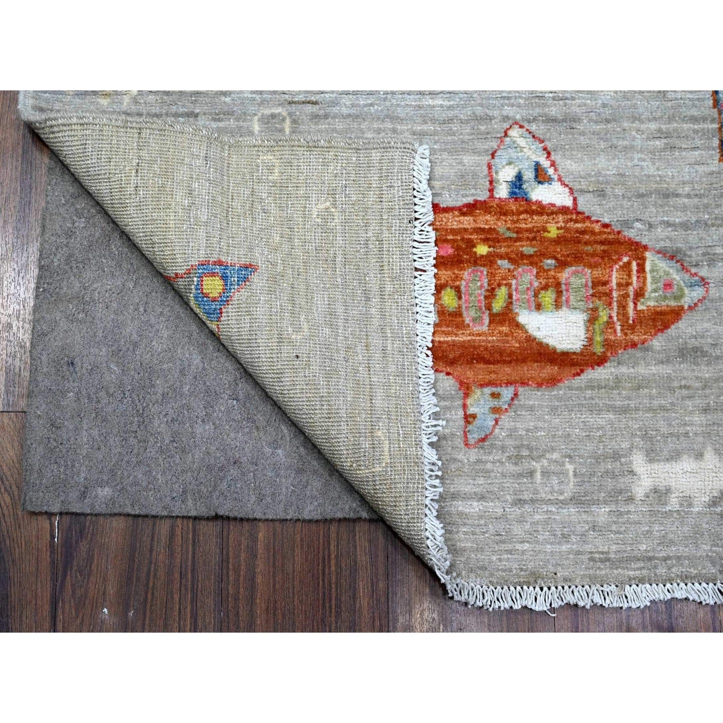 4'1"X12' Rocky Gray Hand Knotted Wool Peshawar Oceanic Fish Oriental Rug