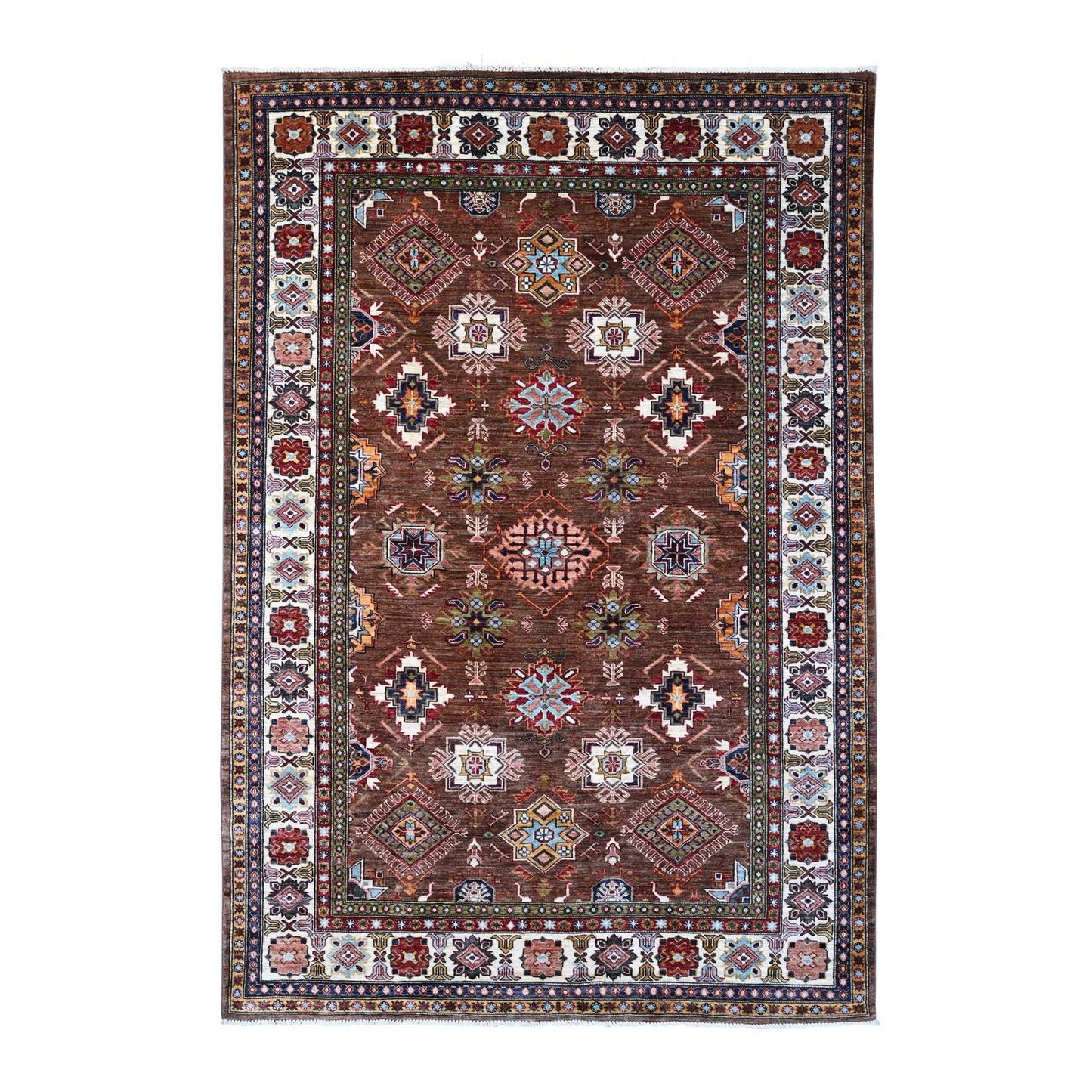6'X8'10" Brown Hand Knotted Geometric Pattern Super Kazak Oriental Rug