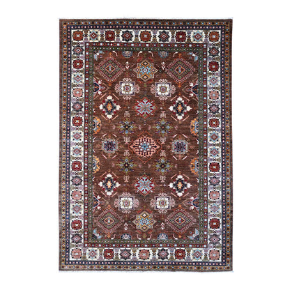 6'X8'10" Brown Hand Knotted Geometric Pattern Super Kazak Oriental Rug