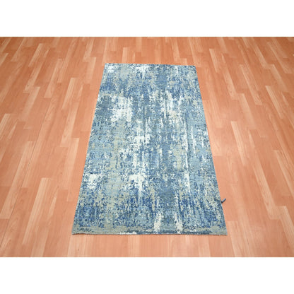 3'2"X5'2" Powder Blue Pure Silk And Wool Abstract Design Hand Knotted Rug