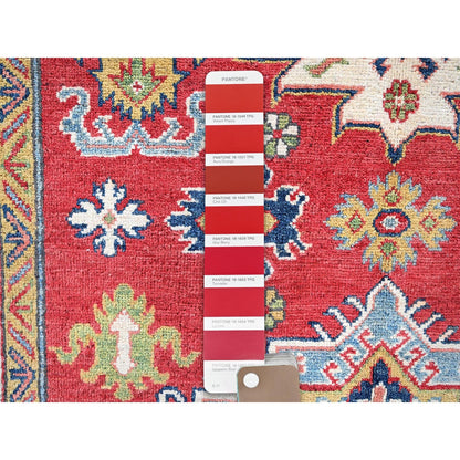 4'10"X7' Red Kazak With Geometric Medallions Design Hand Knotted Wool Rug
