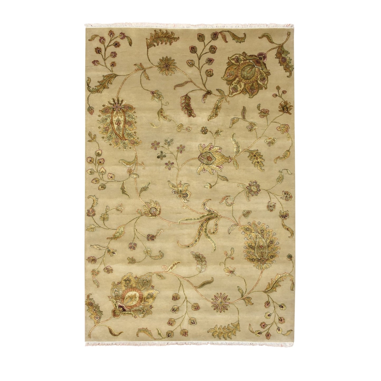 6'X8'10" Brown Hand Knotted Wool And Silk Botanical Design Oriental Rug