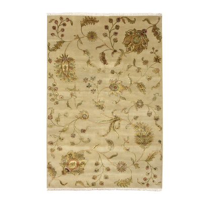 6'X8'10" Brown Hand Knotted Wool And Silk Botanical Design Oriental Rug