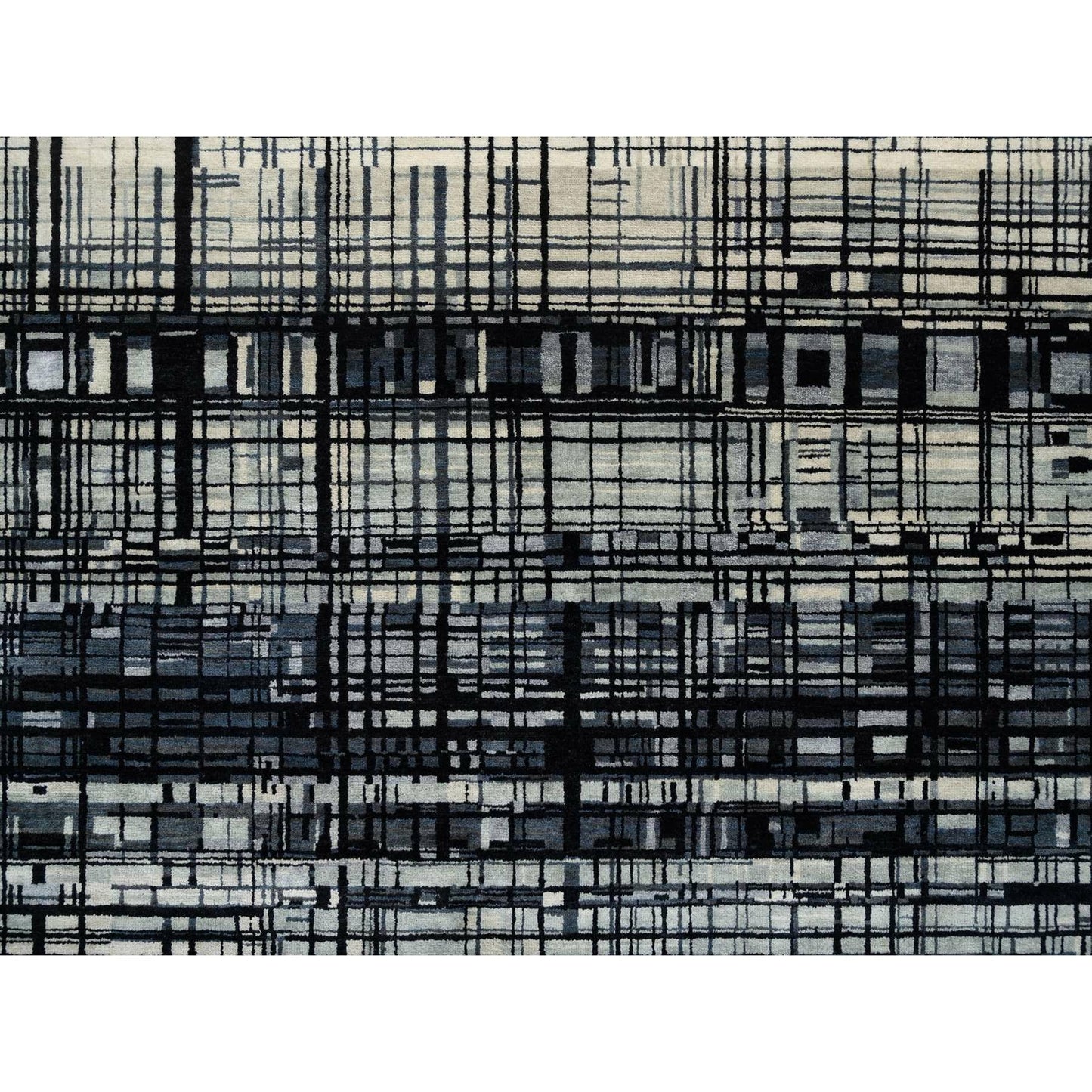 8'2"X9'9" Black Modern Lines Design Ghazni Wool Hand Knotted Rug