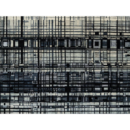 8'2"X9'9" Black Modern Lines Design Ghazni Wool Hand Knotted Rug