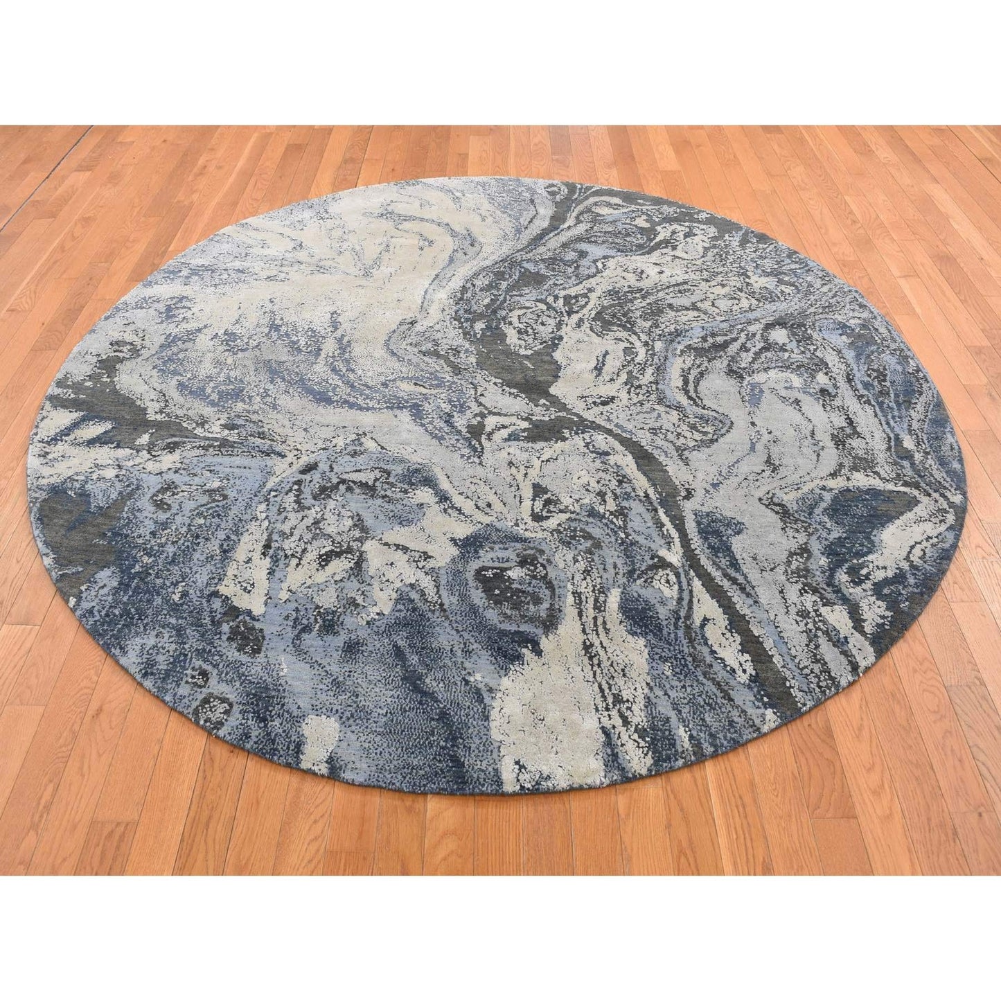 8'1"X8'1" Blue Galaxy Design Wool And Silk Hand Knotted Round Rug