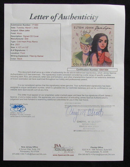 Elton John Autographed Elton & Dua "Cold Heart Pnau Remix" Cd Insert - Jsa Loa