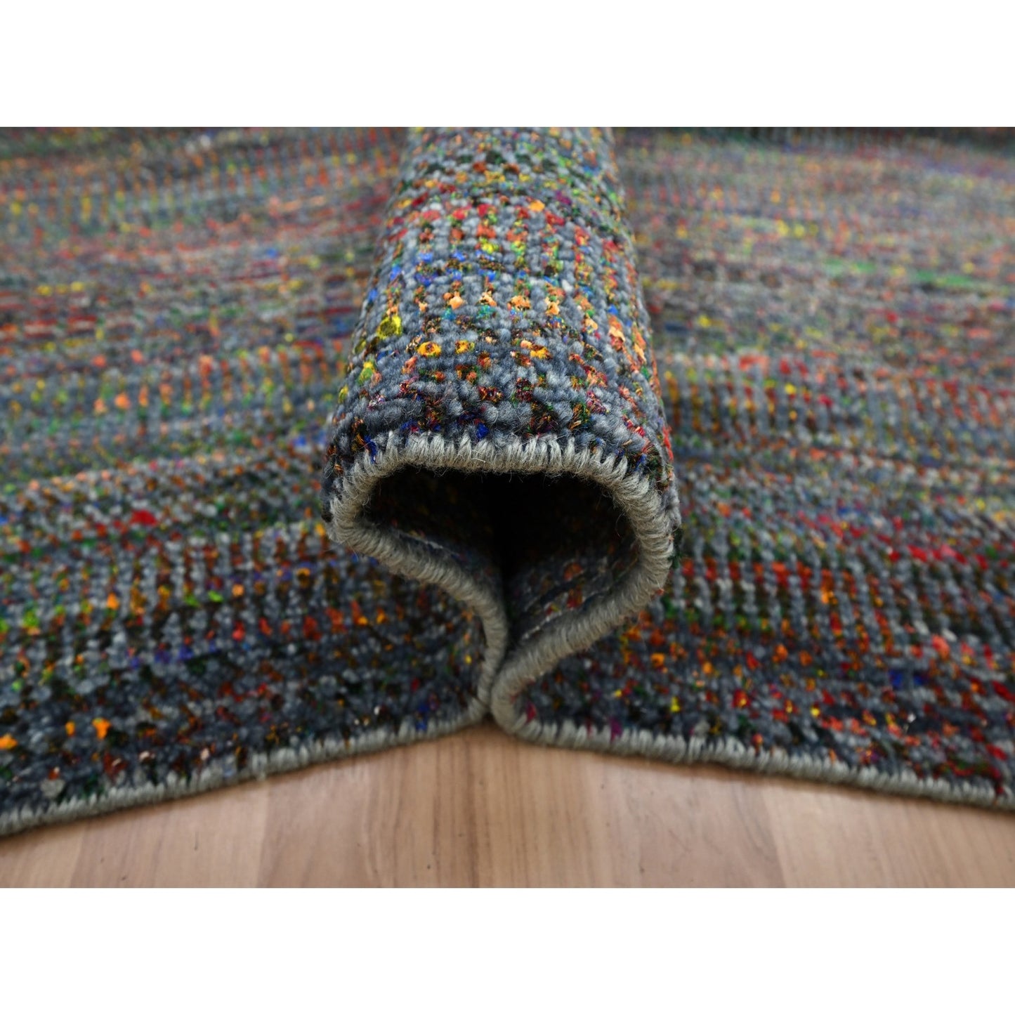 Rug 10'2"x13'10" Gray Modern Hand Knotted Grass Design Wool and Silk