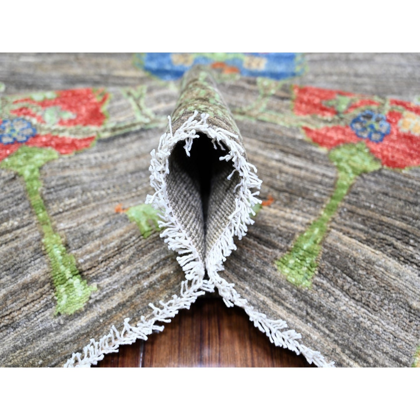 8'X9'5" Gray Folk Art Willow Cypress Tree Design Wool Hand Knotted Rug