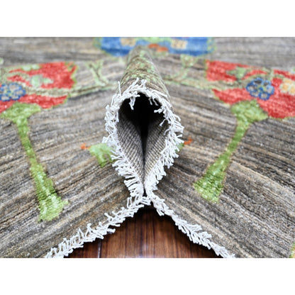 8'X9'5" Gray Folk Art Willow Cypress Tree Design Wool Hand Knotted Rug