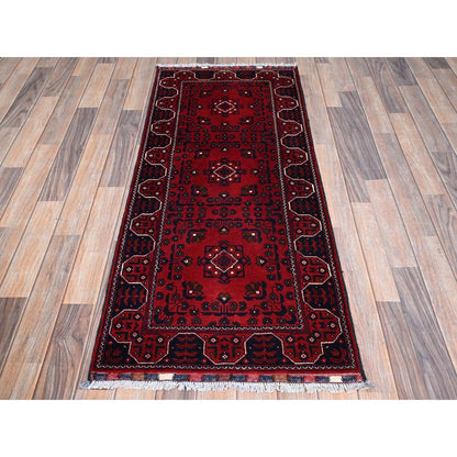 2'3"X5' Red Afghan Khamyab Geometric Pattern Hand Knotted Wool Runner Rug