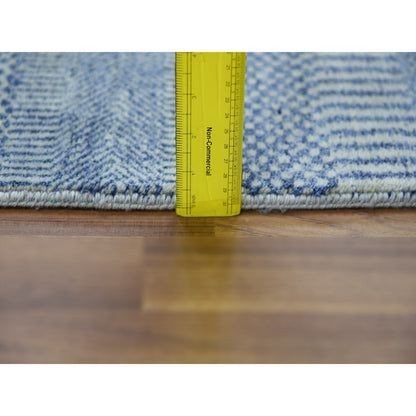 2'6"X9'10" Blue Hand Knotted Modern Grass Design Wool And Silk Runner Rug