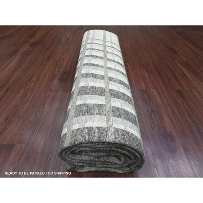 8'8"X11'8" Brown Bauhaus Inspired Line Design Hand Knotted Pure Wool Rug