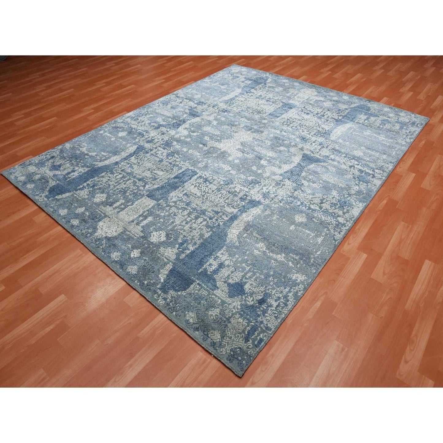 7'10"X10' Blue Wool And Silk Hand Knotted Jewellery Design Oriental Rug