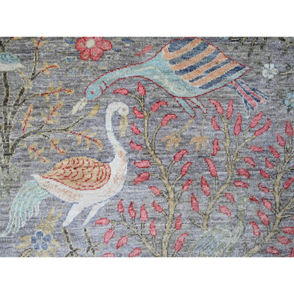 7'9"X7'9" Gray Birds Of Paradise Design Hand Knotted Soft Wool Round Rug