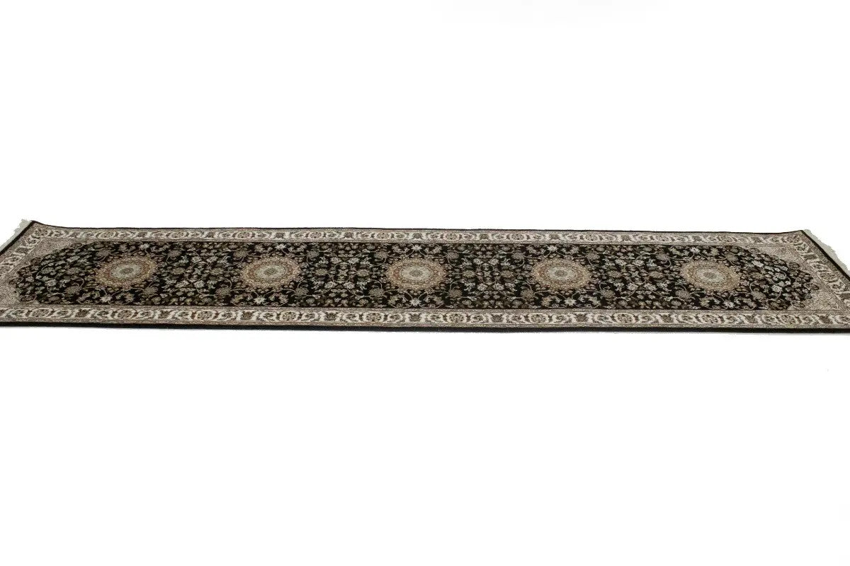 Handmade Indo-Nain Oriental Runner Rug 3X12 ft Black Floral Wool Carpet Hallway