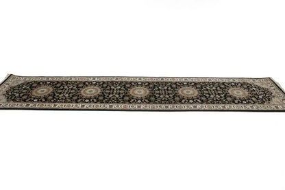 Handmade Indo-Nain Oriental Runner Rug 3X12 ft Black Floral Wool Carpet Hallway
