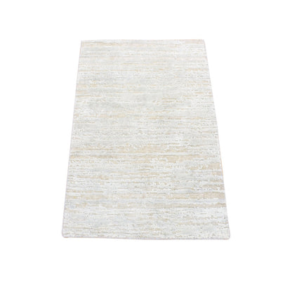 2'X3' Beige Silk With Textured Wool Modern Design Hand Knotted Mat Rug