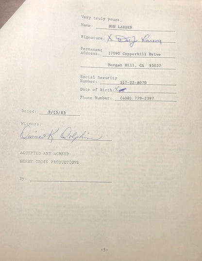Don Larsen Autographed Contract (Jsa)