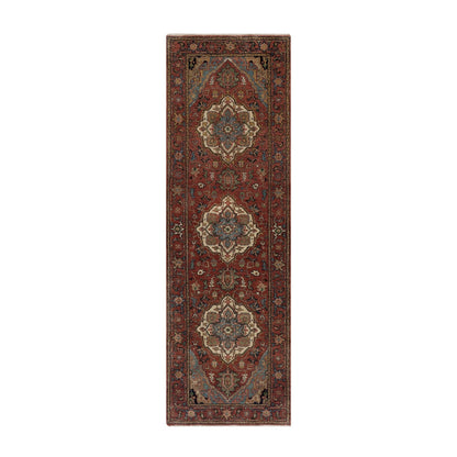2'6"X8' Red Antiqued Heris Re-Creation Hand Knotted Soft Wool Runner Rug
