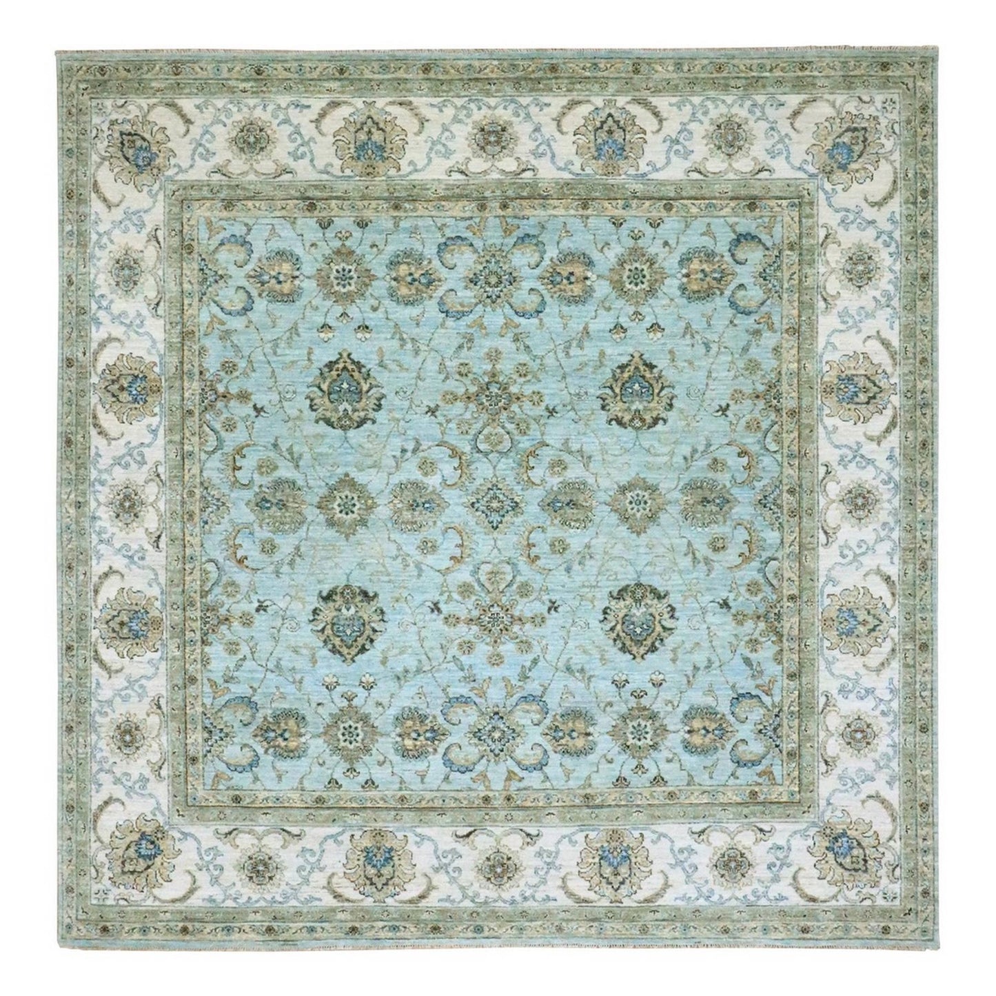 8'1"X8'1" Blue Agra Shah Abbas Flower Design Wool Hand Knotted Square Rug