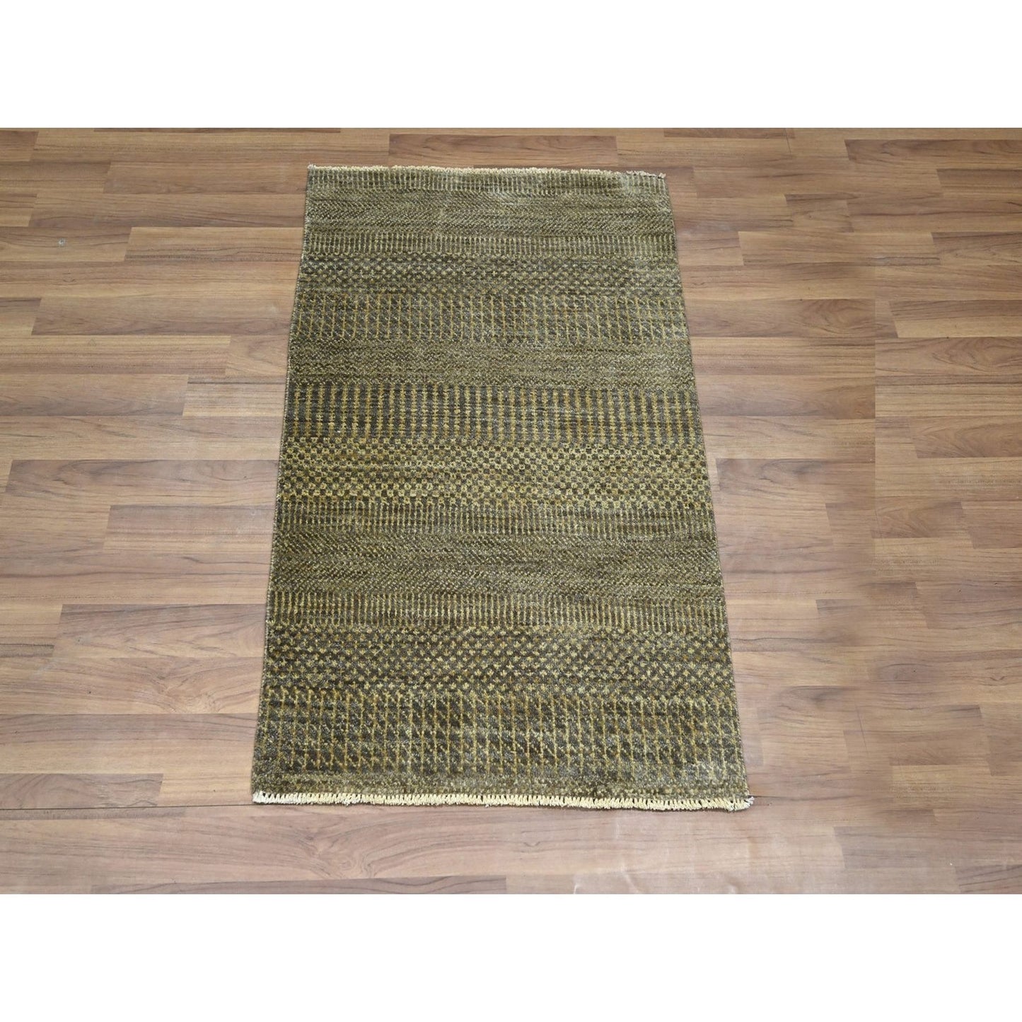 2'X3' Brown Hand Knotted Wool With Silk Modern Grass Design Mat Rug
