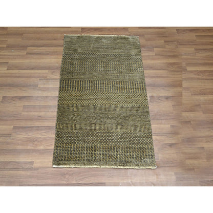 2'X3' Brown Hand Knotted Wool With Silk Modern Grass Design Mat Rug