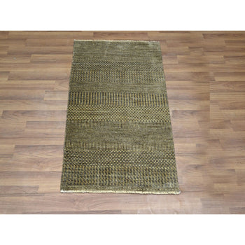2'X3' Brown Hand Knotted Wool With Silk Modern Grass Design Mat Rug
