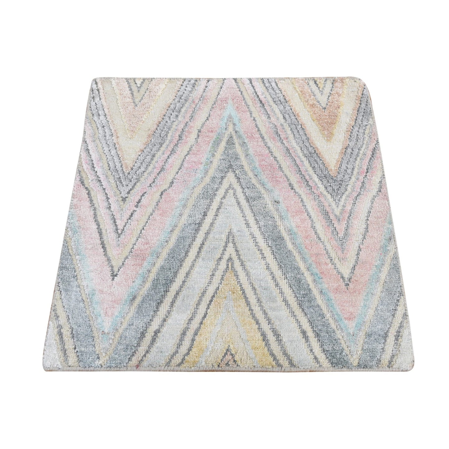 2'X2' Blue Pure Silk Modern Chevron Design Hand Knotted Sample Mat Rug