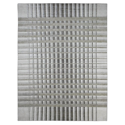 8'8"X11'8" Brown Bauhaus Inspired Line Design Hand Knotted Pure Wool Rug