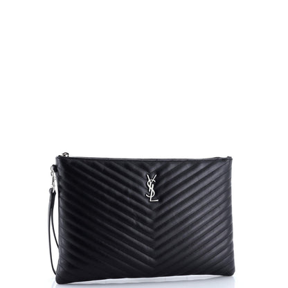 Saint Laurent Classic Monogram Wristlet Pouch Matelasse Chevron Leather Large