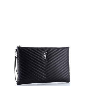 Saint Laurent Classic Monogram Wristlet Pouch Matelasse Chevron Leather Large