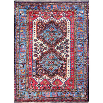 6'X7'8" Ivory Afghan Caucasian Design Revival Soft Wool Hand Knotted Rug