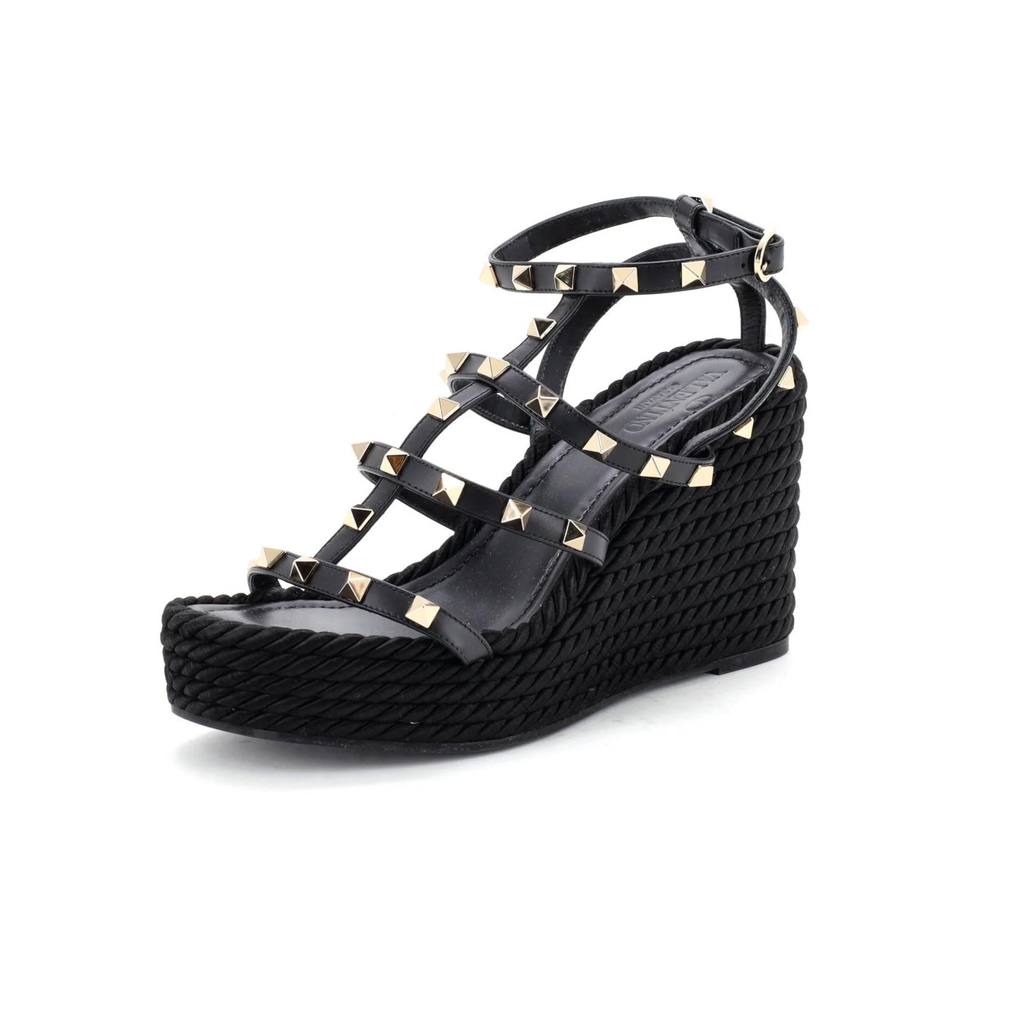 Detail Valentino Garavani Women's Rockstud Caged Wedge Sandals Leather with Rope