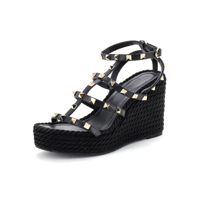 Detail Valentino Garavani Women's Rockstud Caged Wedge Sandals Leather with Rope