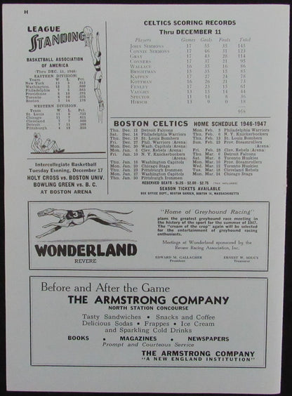 Vintage 1946 Boston Celtics Vs. Detroit Falcons
