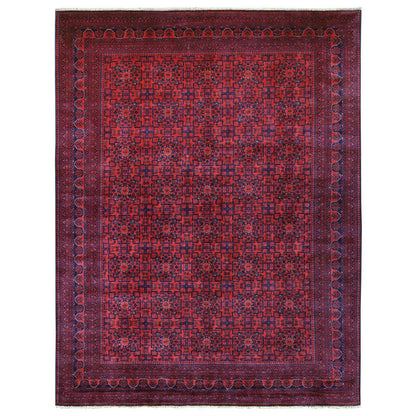 9'10"X12'10" Red Hand Knotted Afghan Khamyab Geometric Design Wool Rug