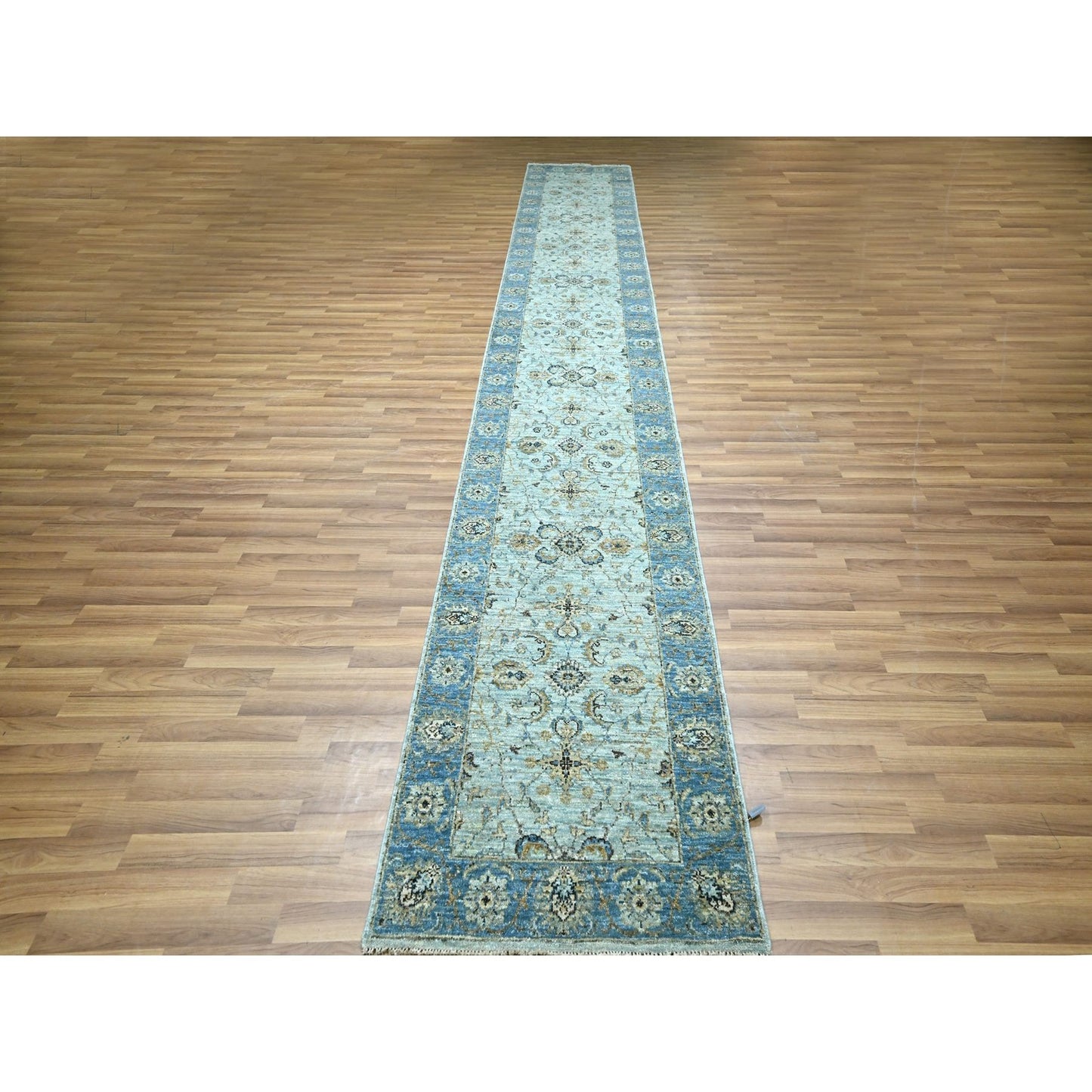2'8"X16'1" Blue Shah Abbas Flower Design Wool Hand Knotted Xl Runner Rug