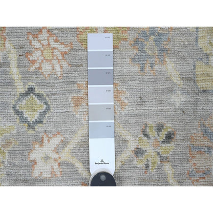 4'X11'4" Gray Hand Knotted Angora Oushak Floral Design Wool Runner Rug